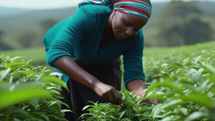 Kenyan woman collecting tea leaves into basket on plantation. Plantation worker.