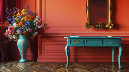 Wall Mural - Charming office with warm coral walls, turquoise desk, dark wood floors, and a brass frame.