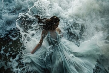 The photo shows a woman in a white dress standing in the middle of the ocean