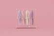 Cottony bathrobe set in several color on rack- white, pink and purple. Soft classic clothes for spa, bathhouse, pool or sauna. 3d render
