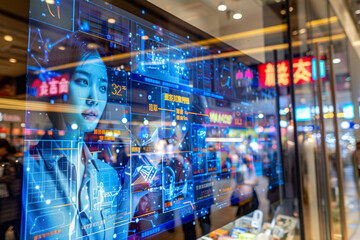 Wall Mural - AI smart window display in retail alters promotions based on demographic analysis of passersby.