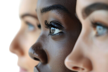 Diversity concept. Banner of half face woman, african and caucasian females on isolated transparent background