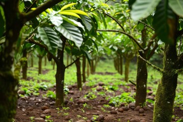 photo of green cocoa farm. generative ai