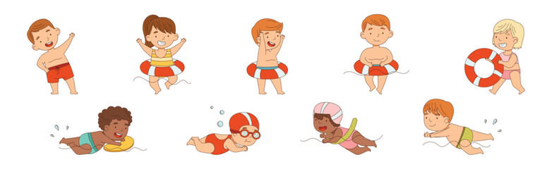 Wall Mural - Children Swimming and Floating in Water Vector Set