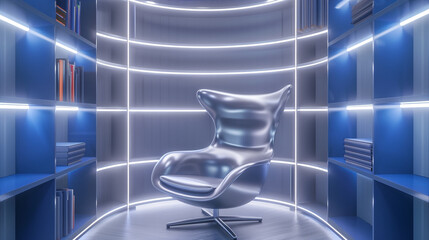 Wall Mural - Modern reading area featuring a metallic chair against blue shelving with white lights.