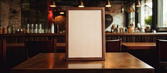 Poster - In the Bar restaurant cafe there is a wooden table with a menu frame placed on it creating a copy space image for text marketing promotion