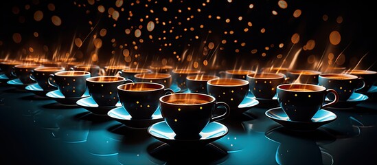 Sticker - Coffee cups with illuminated coffee beans beside them creating a visually appealing copy space image