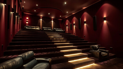Wall Mural - Opulent theater room with dark burgundy walls, layered black seating, and warm ambient lighting.