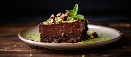 Sticker - A sugar free wheat free dairy free and flourless vegan raw chocolate avocado brownie cake is displayed on a wooden table The dark mood of the food photo complements the concept of blogging about heal