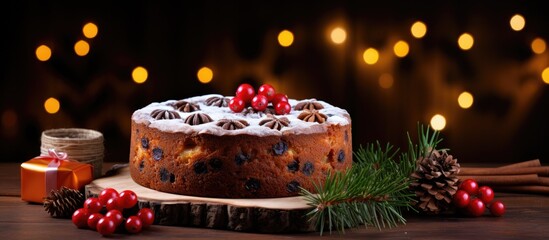 Sticker - A traditional Christmas cake with raisins and nuts accompanied by tree branches toys and ornaments for the Christmas tree copy space image