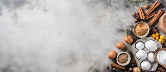 Poster - Overhead view of gray kitchen worktop with homemade cookies being baked surrounded by ingredients such as flour eggs sugar and cinnamon Culinary background with copy space image