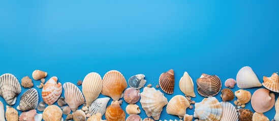 Poster - A variety of seashells arranged on a vibrant blue background providing ample space for text The image evokes a sense of summer seasonality and is captured from a top down perspective