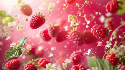 Wall Mural - Bright red raspberries, lush green leaves, and delicate flowers dance in the air against a vibrant pink backdrop. A captivating display of nature's bounty, frozen in motion.