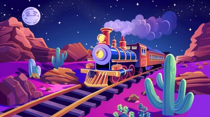 A magic railroad cartoon poster showing steam trains riding at night through a West desert landscape with railroads, cacti, and rocks under a starry night sky. Intended for children's books or games.