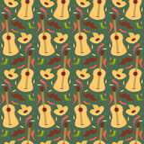 Fototapeta  - Mexican seamless pattern. Guitar and sombrero repeat background. Hats of mariachi musicians and pepper endless cover. Festive loop ornament. Vector illustration.