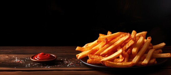 Canvas Print - A plate of french fries is presented on a dark wooden background accompanied by red barbecue sauce The image provides copy space