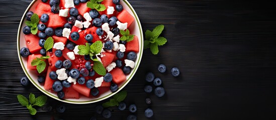 Canvas Print - A refreshing salad featuring watermelon feta cheese and a variety of berries is beautifully presented in a copy space image