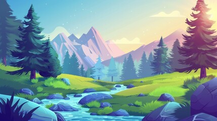 Wall Mural - Sunset scene of natural park with water stream. Modern cartoon evening landscape with spruce trees, stones and brook.