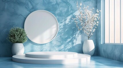 Wall Mural - 3D rendering of a minimal scene featuring a podium and abstract background in pastel blue 