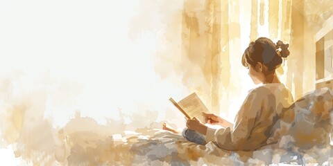 A woman is reading a book in bed. The book is open to a page with a woman on it. The room is filled with light, and the woman is enjoying her book