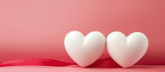 Valentine s Day banner featuring a copy space image of a pair of white and red hearts on a pink background