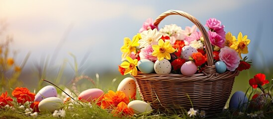 Wall Mural - Image of a basket filled with colorful Easter eggs and adorned with beautiful flowers. Copy space image. Place for adding text and design