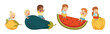 Small Children with Big Ripe Fruits Vector Set