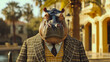 Fashionable hippopotamus graces city streets in tailored elegance, epitomizing street style.