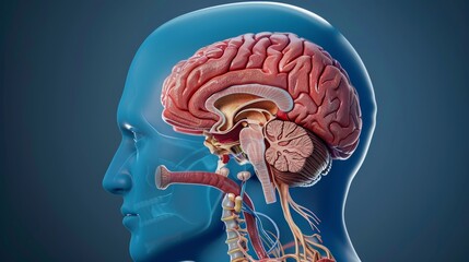 A lumbic system part anatomy, human brain cross section. The hypothalamus, the thalamus, the amygdala, and the basal ganglia are illustrated in colored diagrams. A gray head back. A MRI colored