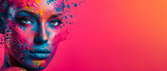 Wall Mural - A woman's face is painted with bright colors and is the main focus of the image