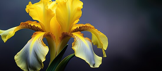 Sticker - Close up image of a blooming iris with a vibrant yellow and grey color scheme against a green backdrop providing ample copy space