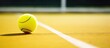 Copy space image of a tennis sport composition with a vibrant yellow tennis ball and racket on a tennis court promoting a sporty and healthy lifestyle
