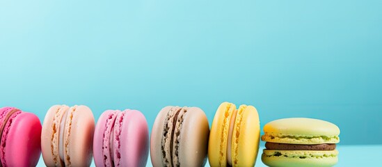 Sticker - Close up of colorful macaroons pink yellow and green on a blue background with ample copy space for text