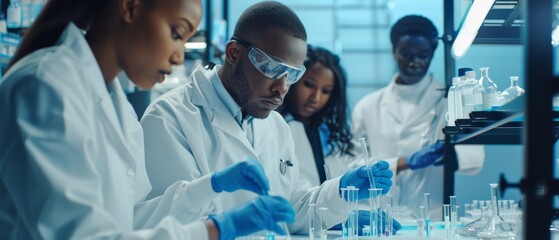 Poster - An expert in microbiology designs and develops drugs in a modern medicine research lab using high-tech equipment. A diverse team of multi-ethnic young scientists passes samples in Petri dishes.