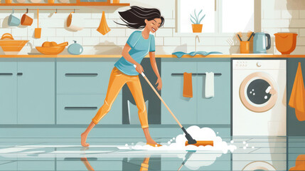 Wall Mural - A happy woman is using a mop to clean the floor of her home. She is dancing while she cleans, and she seems to be enjoying herself.