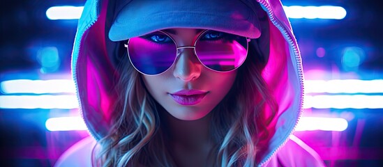 Sticker - Copy space image of a trendy teenager wearing a pink hoodie illuminated by vibrant neon lights in shades of pink purple and blue