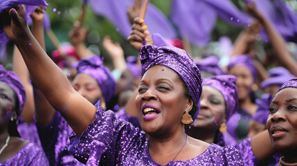 retrato de mujer negra africana de pie  en celebración cultural con personas alrededor. Mujer reivindicando sus derechos en una manifestación en la calle.