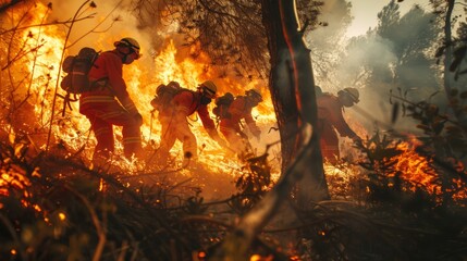 Volunteer fire team Extinguishing forest fires on trees in dry forests The weather is hot and stuffy in the summer.