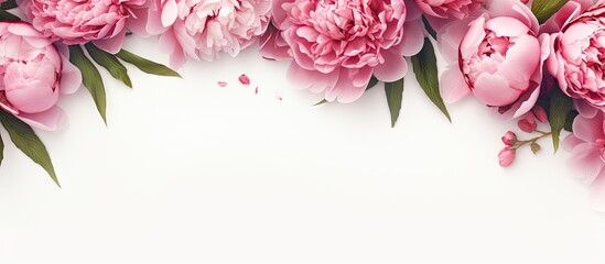 Sticker - The pink peony flowers create a beautiful frame on a white table perfect for adding your text This top down view serves as a stunning flat lay background. Copy space image