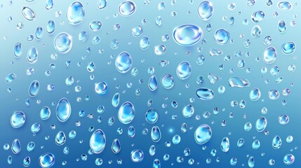 Wall Mural - A realistic 3D modern illustration depicting water drops on a transparent background, condensation, raindrops with light reflection on window or glass surface, pure aqua blobs pattern and an abstract