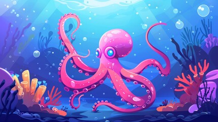 Sticker - Animated cartoon illustration of an octopus swimming at the bottom of the sea with corals and seaweeds. Kraken sea monster with long tentacles. Cartoon illustration of an ocean wildlife creature.