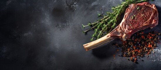 Wall Mural - Beef tomahawk steak seasoned with spices and thyme presented on a stone backdrop Features copy space for text