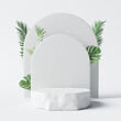 Product display podium with nature leaves on white background. 3D rendering	