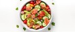 © Ilgun - Copy space image of a refreshing salad featuring salted salmon avocado cucumber sesame seeds tomatoes and mixed herbs drizzled with olive oil all placed on a white background from a top view perspect