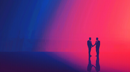 Canvas Print - Silhouettes of two businessmen shaking hands symbolizing a digital partnership against a data stream background.