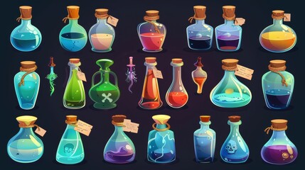 Wall Mural - Various color bottles with liquid potions, green acids, corks, and tags with a skull and crossbones design. Modern cartoon set of glass flasks and vials.