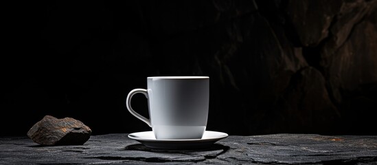 Sticker - Copy space image of a white coffee cup placed against a contrasting dark stone backdrop