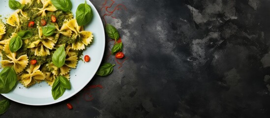 Poster - A vegan dinner featuring farfalle pasta served on a white plate with pesto sauce and basil leaves The dish is showcased on a gray stone surface providing copy space