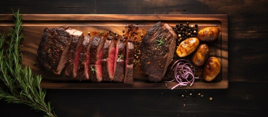 Wall Mural - Top down view of a wooden board with a succulent smoked wagyu beef brisket showcasing the rich tradition of barbecue Dark background emphasizes the essence Ample copy space image