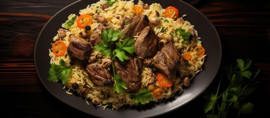 Wall Mural - A plate of Uzbek pilaf with beef lamb and chicken captured from a top down perspective on a dark background with copy space